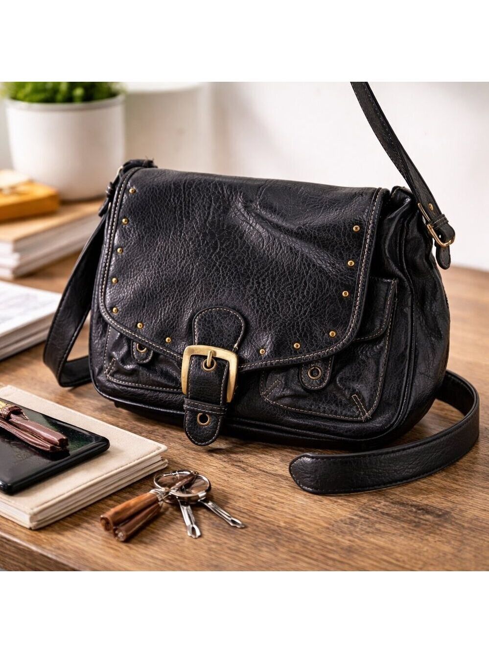 Nine West Leather Shoulder Bag Studded Flap Work to Weekend Purse
